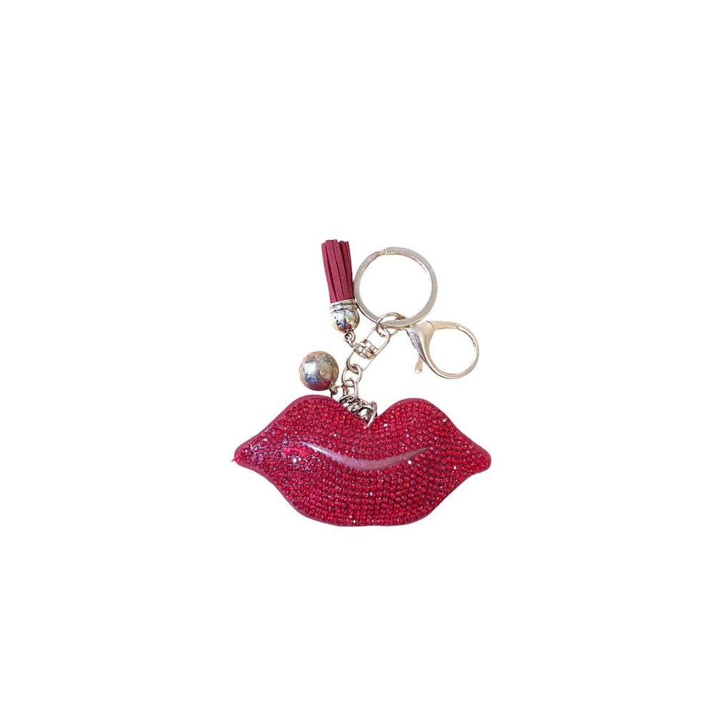 Crystal Avenue Red Rhinestone Lips Keychain With Tassel Charm & Gold Keyring